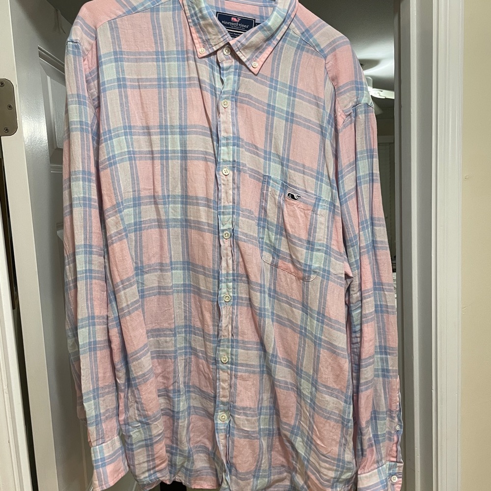 Men's Pink and Blue Plaid Shirt